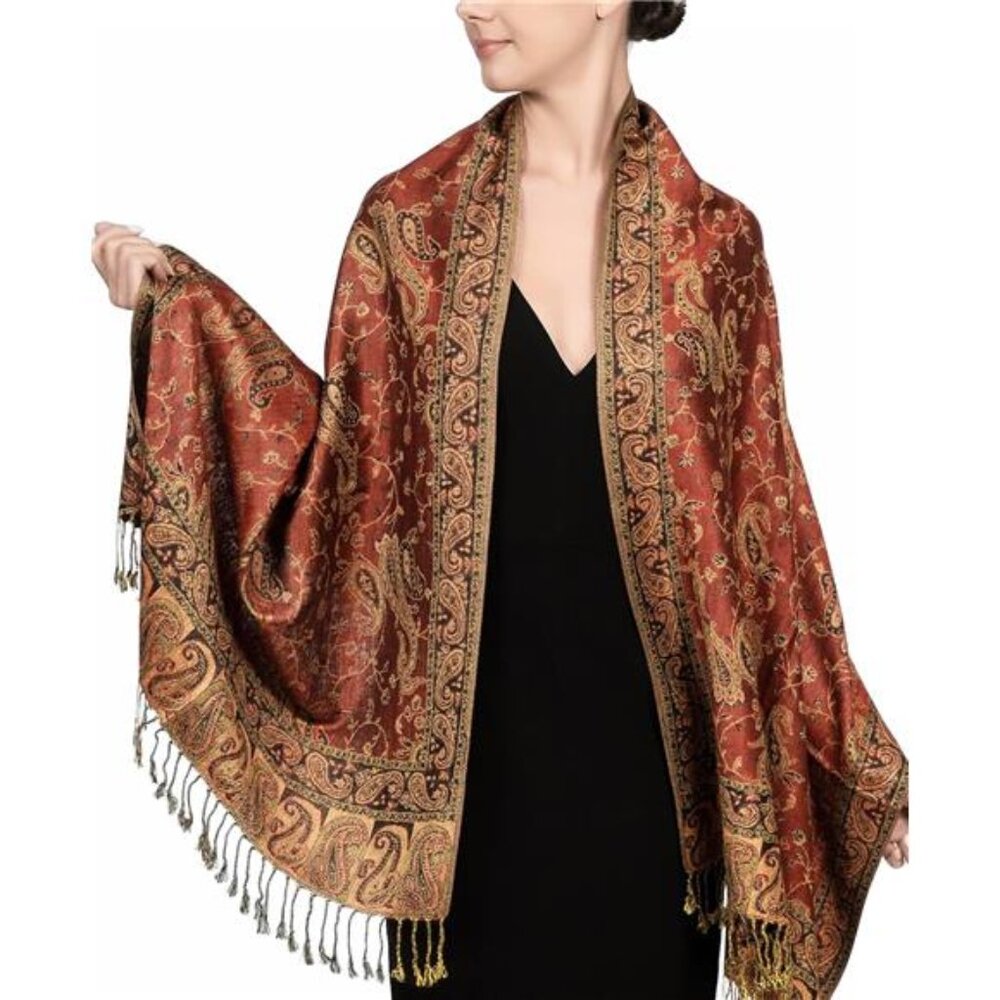 Soft Silky Reversible Paisley Pashmina Shawl Wrap Scarf, Rust Red